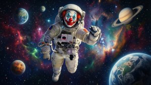 小丑太空人在色彩繽紛的星雲和行星之間漂浮
