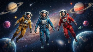 三名身穿彩色太空衣的太空人在太空中漂浮於行星和恆星之間