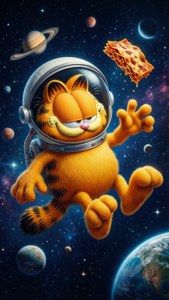 加菲貓穿著太空衣在行星和星星中伸手拿披薩片