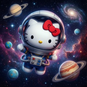 Hello Kitty 穿著太空衣在太空中的行星和星星之間漂浮