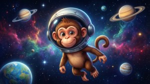 一隻戴著太空頭盔的卡通猴子在行星和色彩繽紛的星雲之間漂浮。