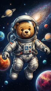 一隻泰迪熊太空人在太空中漂浮，周圍是色彩繽紛的行星和發光的星系。