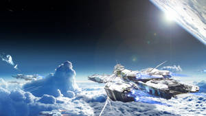 未來戰艦在發光行星附近的雲層上方飛行。