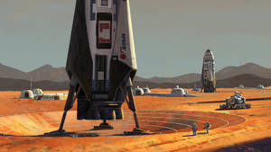 火星上的SpaceX火箭，太空人和探測車靠近圓頂棲息地。
