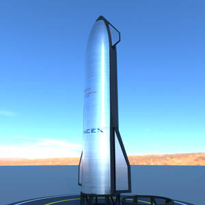 一枚SpaceX Starship火箭在發射台上，背景是沙漠景觀和藍天。