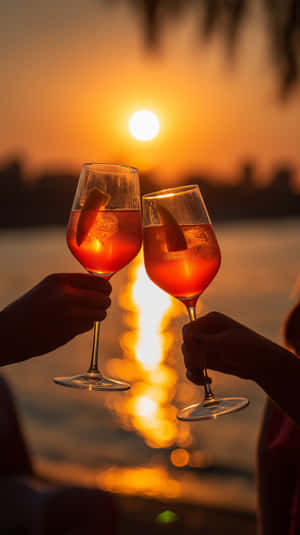 兩隻手喺水面夕陽下用橙色雞尾酒乾杯，上面有棕櫚葉。