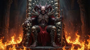 有角和骷髏盔甲的惡魔之王坐在頭骨王座上，周圍是火焰。