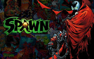Spawn 漫畫角色，紅色斗篷和鎖鏈，以漫畫面板拼貼畫為背景。