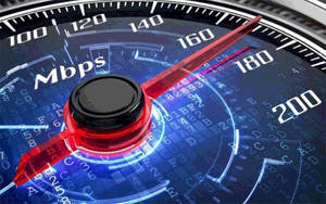 數碼速度計顯示180 Mbps，帶有發光紅色指針和二進制代碼背景。 — 藍色美學 壁紙