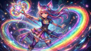 動漫女孩，彩虹色頭髮，在宇宙彩虹漩渦中手持發光星星魔杖。