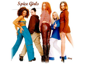 五位Spice Girls穿著色彩繽紛的90年代服裝為宣傳照擺姿勢。