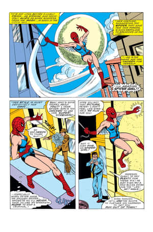 Spider-Girl 在帶有對話氣泡的漫畫格中穿梭城市。