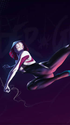 Spider-Gwen 在深紫色蜘蛛網主題環境中擺盪。