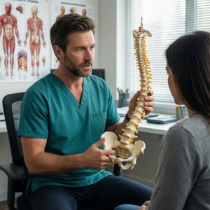 醫生手持脊椎模型向診所病人解釋解剖學