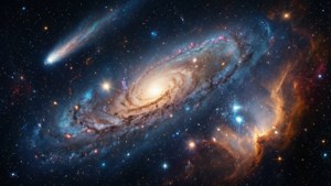 一個帶有藍色和橙色星雲的螺旋星系，以及一顆彗星劃過星場。