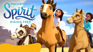三個孩子在沙漠峽谷中騎馬，帶有DreamWorks Spirit標誌。