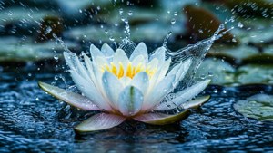 白色睡蓮，黃色花心，在暗水中濺起水花，水滴飛濺
