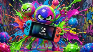 Nintendo Switch主機被色彩繽紛的墨水飛濺角色握持，背景為塗鴉。