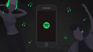 兩個人戴著耳機和音符，圍繞著顯示Spotify的電話跳舞。