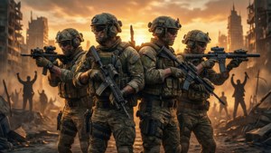 四名身穿迷彩服的武裝士兵站在日落時分被戰爭摧毀的城市中。