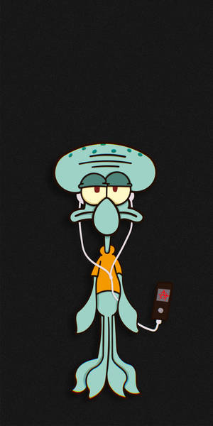 Squidward Tentacles 戴著耳塞和電話聽音樂。