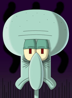 Squidward Tentacles 在深紫色背景上，帶有憤怒的紅色眼睛。