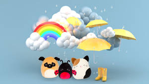 三隻毛絨動物同靴喺浮雲下面，有彩虹同雨傘。 — 雨 壁紙