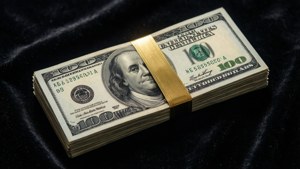 一疊百元美鈔用金色帶子綁著，放在黑色天鵝絨上。