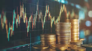 一堆堆金幣在金融市場圖表前，顯示價格變動。