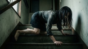 一個女人在黑暗的廢棄走廊爬上骯髒的樓梯，頭髮濕透。