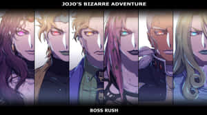 六個《JoJo的奇妙冒險》的Boss角色，眼睛發光，表情嚴肅。