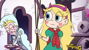 Star Butterfly 拿著掃帚，身後有一個疲憊的幽靈般的身影。