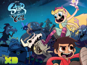 Star 和 Marco 在星空下與怪物戰鬥，這是一張迪士尼 XD 動畫海報。 — 鬼滅之刃 善逸 壁紙