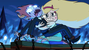 Star 和 Marco 在夜晚的黑暗森林中與閃電效果搏鬥。 — 星蝶公主 壁紙