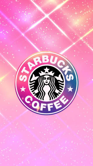 Starbucks 標誌在粉紅色閃爍背景上，帶有光束。 — 閃粉 壁紙