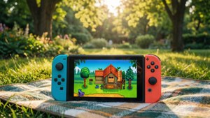 Nintendo Switch在花園毯子上顯示像素房屋遊戲