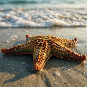 濕沙上的橙色和綠色海星，背景有海浪