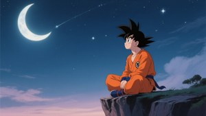 年輕動漫男孩穿橙色道服坐在懸崖上看新月和流星