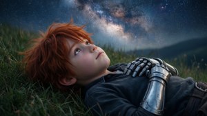 紅髮小孩帶著金屬手臂躺在星空下的草地上