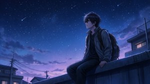 年輕動漫男孩背著背包坐在屋頂上，凝視著有流星的星空