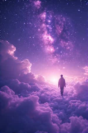人在紫色雲上，在星際銀河天空下走向明亮光芒