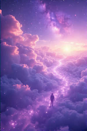 一個人在發光的小徑上穿過色彩繽紛的雲朵，走向明亮的太陽。