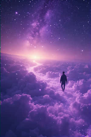 人在雲上走向明亮光芒，背景是星光閃爍的紫色天空
