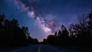 在可見銀河的星空下，一條被樹木環繞的黑暗道路