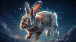 一隻發光的兔子在星夜中飄浮，下方有雲層。