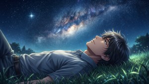 年輕男子躺在草地上仰望星空與銀河