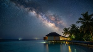 水上平房在星空下、銀河和棕櫚樹的夜晚亮燈