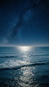 繁星點點的夜空，銀河在平靜的海面上拱起，海面反射月光