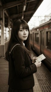 一位身穿校服的年輕女子在火車站月台上拿著火車票，背景有火車。