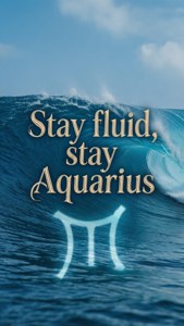 一個大型海浪，帶有金色文字「Stay fluid, stay Aquarius」和下方一個發光的水瓶座符號。